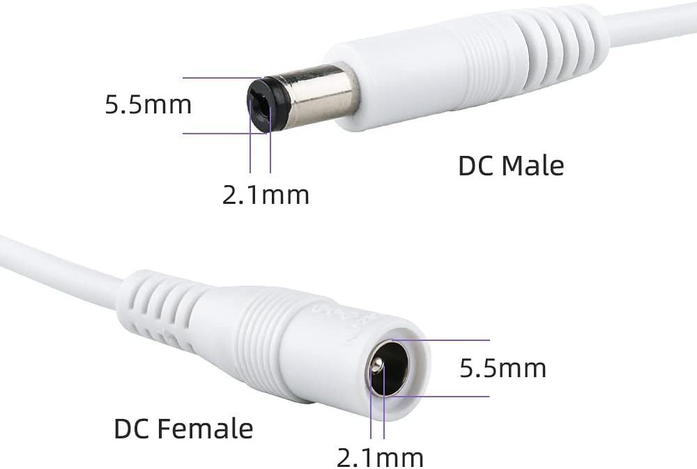 12ft 2.1mm x 5.5mm DC Power Extension Cable, 20 AWG, WHITE - AC-DC PowerShack