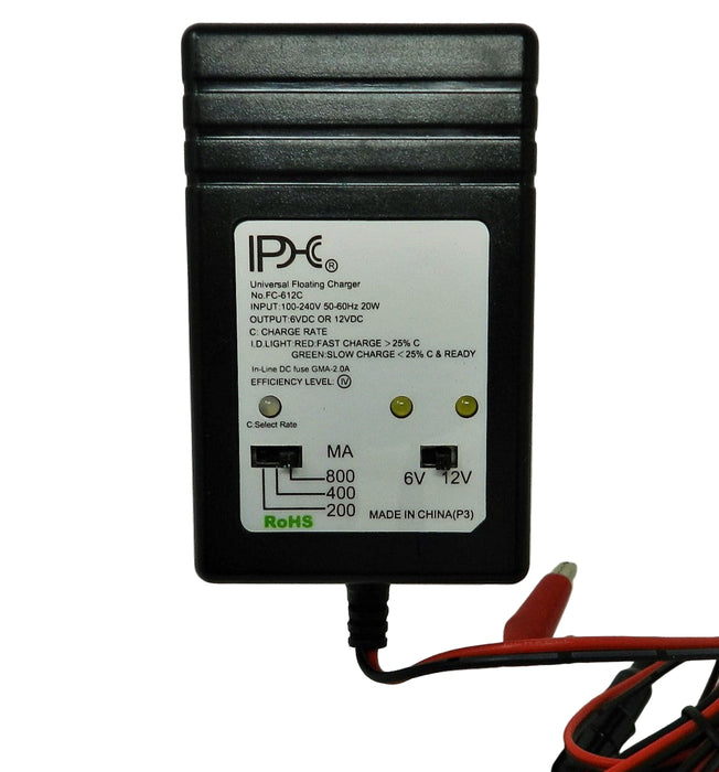 Floating-Smart Charger 6VDC or 12VDC @200/400/800mA; Alligator Clips; Part # FC-612C - AC-DC PowerShack