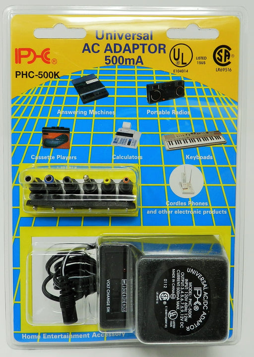 AC-DC Universal Power Adapter Multi Voltage Output: 3.0VDC-12VDC @ 500 mA; 6-plugs; Part #  PHC-500K - AC-DC PowerShack