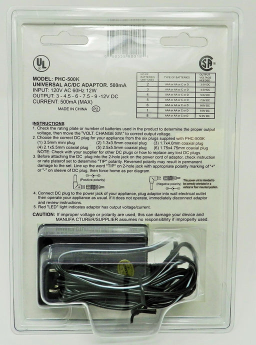 AC-DC Universal Power Adapter Multi Voltage Output: 3.0VDC-12VDC @ 500 mA; 6-plugs; Part #  PHC-500K - AC-DC PowerShack