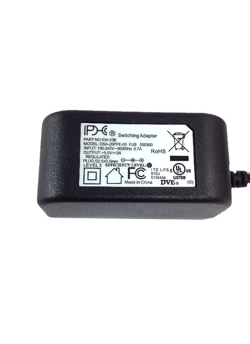 AC-DC Switching Regulated Power Supply 5VDC @ 3000mA; 2.5 x 5.5mm (+) center polarity; Part # SW-53B - AC-DC PowerShack