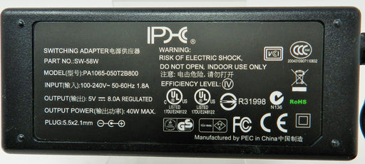 AC-DC Switching Regulated Power Supply 5VDC @ 8000mA; 2.1 x 5.5mm (+) center polarity; Part # SW-58W - AC-DC PowerShack