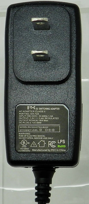 AC-DC Switching Regulated Power Supply 7.5VDC @ 2400mA; 2.1 x 5.5mm (+) center polarity; Part # SW-72A - AC-DC PowerShack