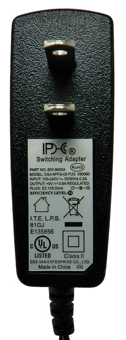 AC-DC Switching Regulated Power Supply 9VDC @ 600mA; 2.1 x 5.5mm (+) center polarity; Part # SW-9600A - AC-DC PowerShack