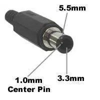 DC Barrel Plug Adapter to 3.3mm x 5.5mm with center pin (1.0mm) plug from 2.1 x 5.5mm