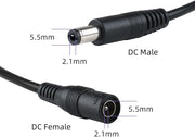 Black 25ft DC power extension cable, 2.1mm x 5.5mm connector, 20 AWG, suitable for electronics and power devices