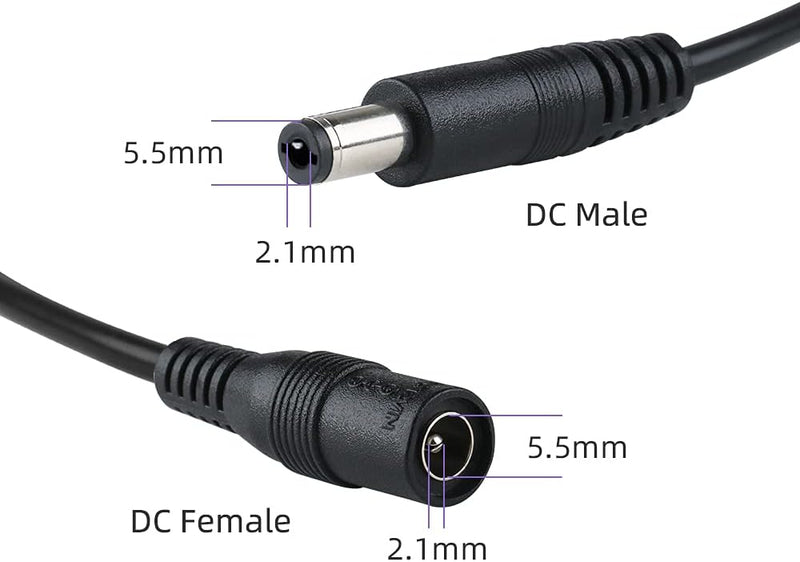 Black 25ft DC power extension cable, 2.1mm x 5.5mm connector, 20 AWG, suitable for electronics and power devices