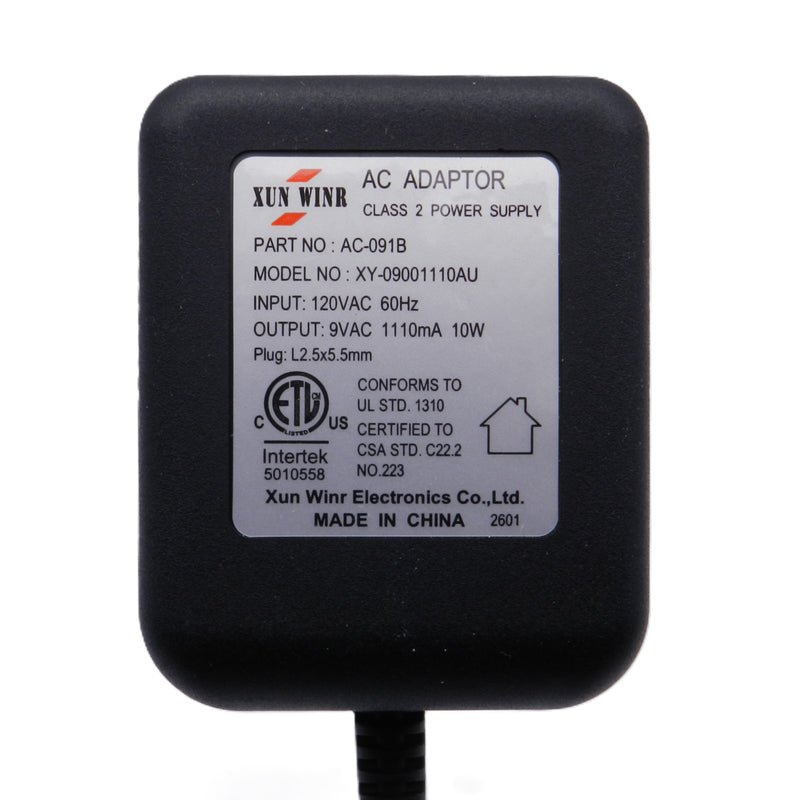 9V AC-AC power adapter with 2.5mm x 5.5mm right angle plug, 1110mA output, by PHC Enterprise Inc.