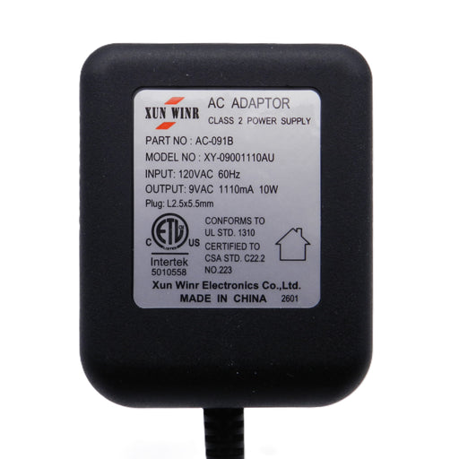9V AC-AC power adapter with 2.5mm x 5.5mm right angle plug, 1110mA output, by PHC Enterprise Inc.