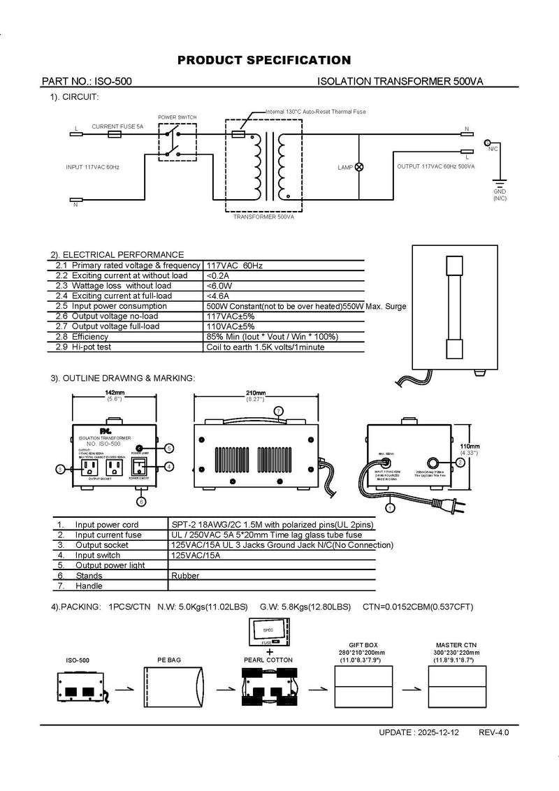 Professional 500VA isolation transformer by PHC Enterprise, Inc., converting 117VAC to 117VAC for electrical isolation.