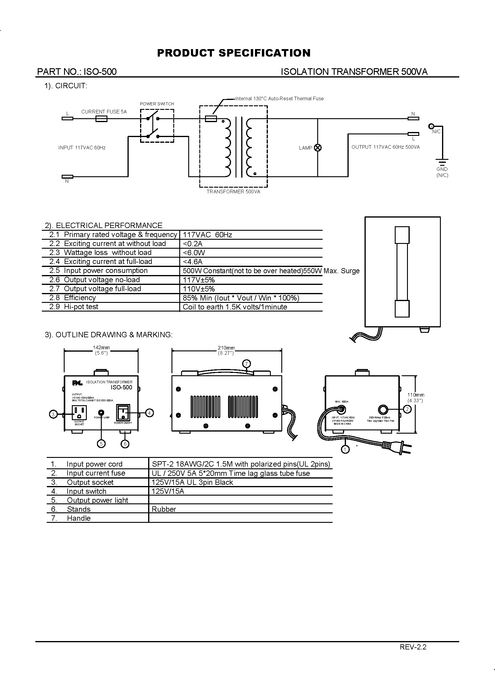 500VA Isolation Transformer, 117VAC to 117VAC