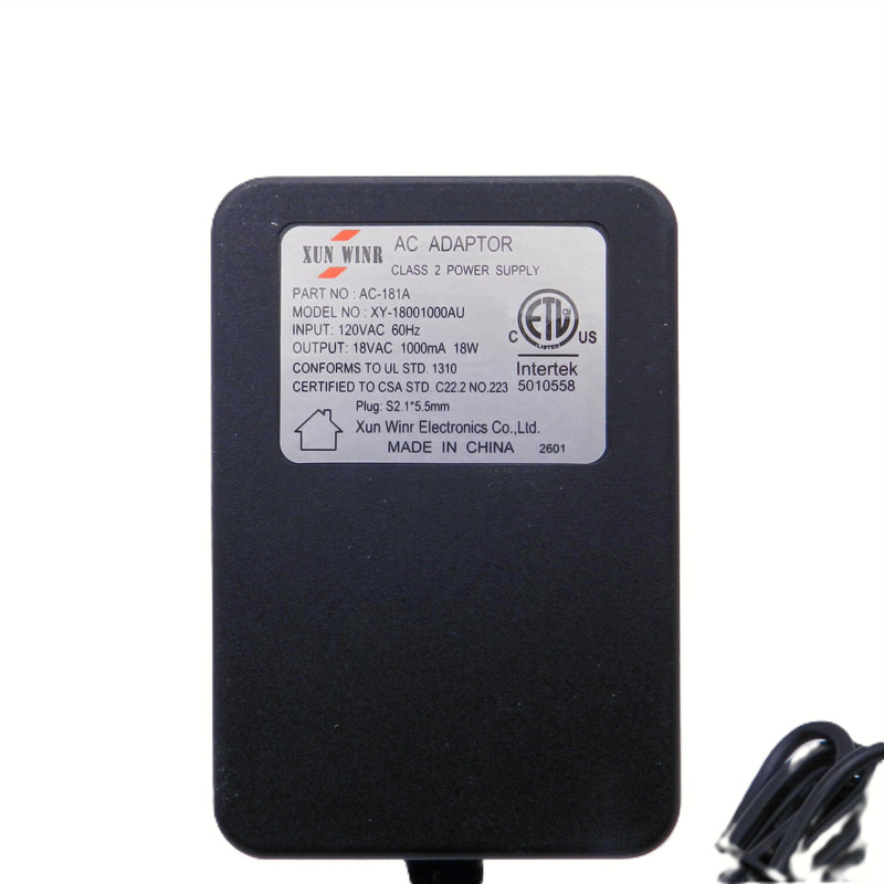 15V 1A AC-DC linear power supply by PHC Enterprise with 2.5mm x 5.5mm center-positive connector, shown in image.