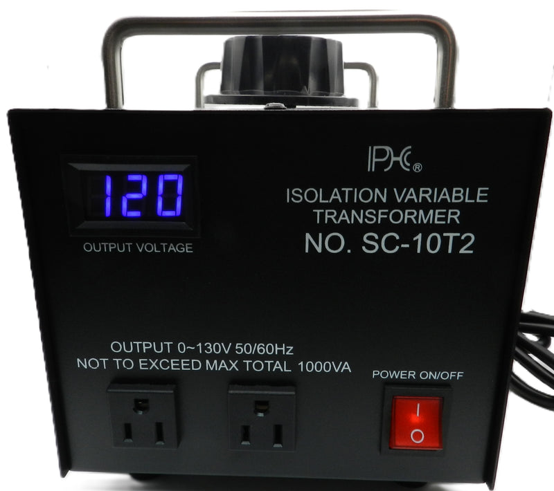 Isolation variable transformer with digital display and power switch on a white background