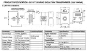 Product specification chart, electrical circuit schematic, and dimensional casing diagram for the SC-10T2 10A 1000VA variable isolation transformer