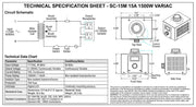 Variable transformer SC-15M by PHC Enterprise with LCD voltmeter, 15A, 1500VA benchtop variac, adjustable 0–130VAC.