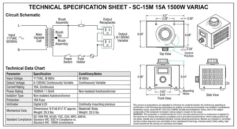 Variable transformer SC-15M by PHC Enterprise with LCD voltmeter, 15A, 1500VA benchtop variac, adjustable 0–130VAC.