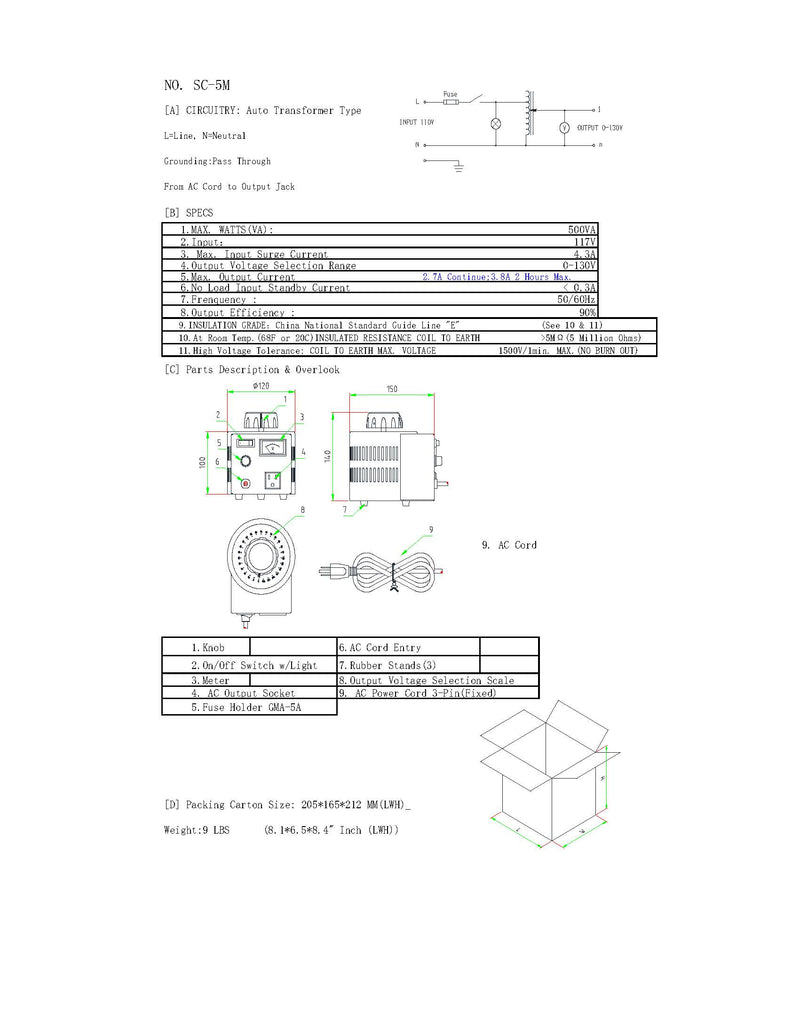 Diagram of PHC Enterprise SC-5M 500VA variable transformer showing specifications and wiring details for benchtop use.