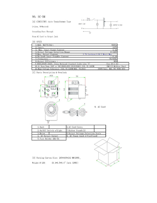 Variable Transformer 5 Amp (500 Watts); 0~130VAC Output - AC-DC PowerShack