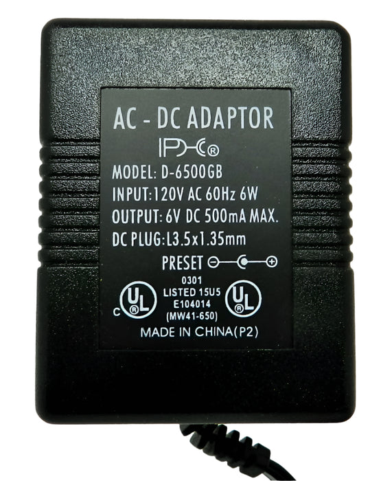 AC-DC Linear Power Supply 6VDC @ 500mA; 1.35 x 3.5mm Positive center polarity; Part # D-6500GB - AC-DC PowerShack