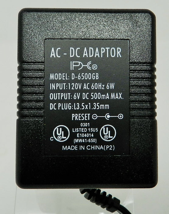 AC-DC Linear Power Supply 6VDC @ 500mA; 1.35 x 3.5mm Positive center polarity; Part # D-6500GB - AC-DC PowerShack