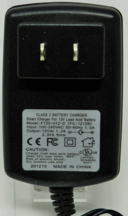 Floating-Smart Charger 12VDC @1200mA; 2.5 x 5.5mm (+) center polarity; Part # FC-1212B - AC-DC PowerShack