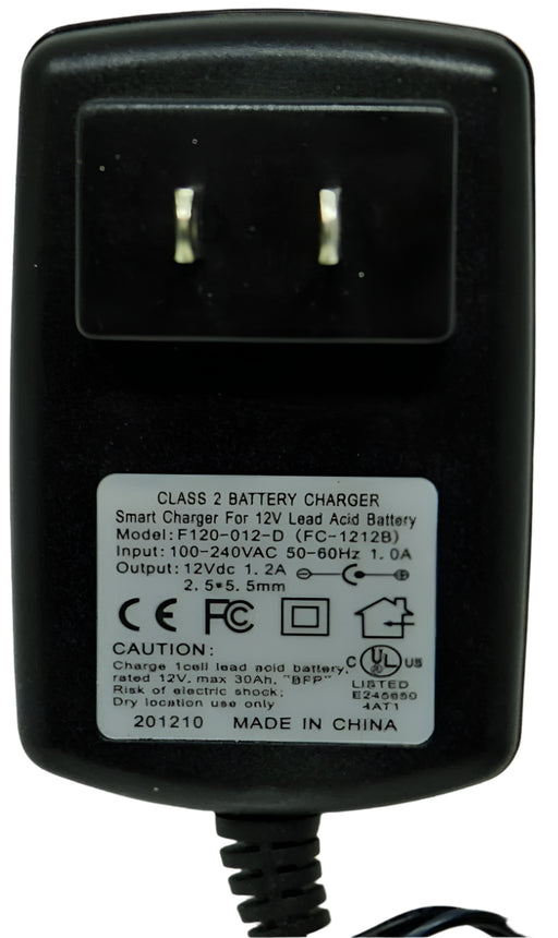 Floating-Smart Charger 12VDC @1200mA; 2.5 x 5.5mm (+) center polarity; Part # FC-1212B - AC-DC PowerShack