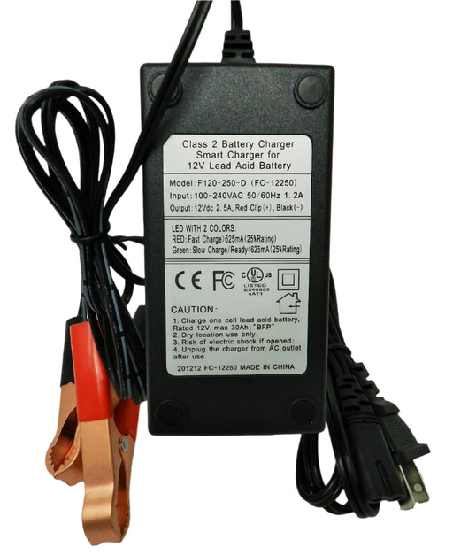 Floating-Smart Charger 12VDC @ 2500mA; Alligator Clips; Part # FC-12250 - AC-DC PowerShack