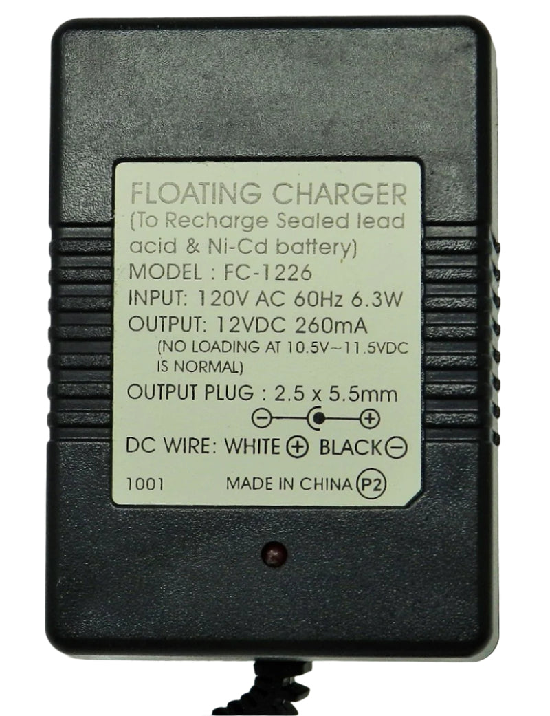 Floating-Smart Charger 12VDC @260mA; 2.5 x 5.5mm (+) center polarity; Part # FC-1226 - AC-DC PowerShack