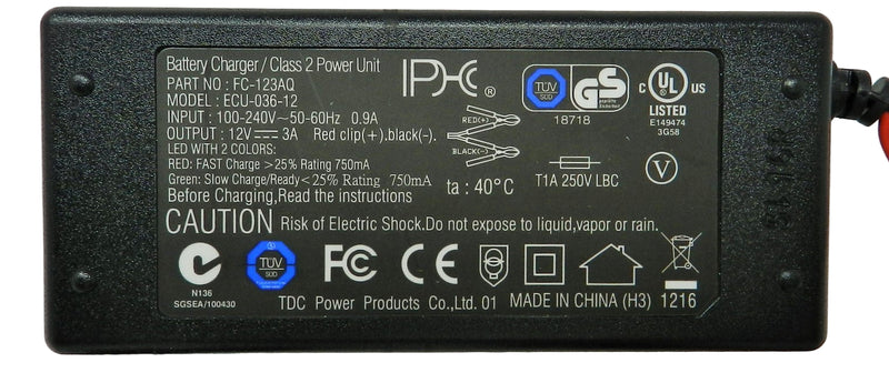 Floating-Smart Charger 12VDC @ 3000mA; Alligator Clips; Part # FC-123AQ - AC-DC PowerShack