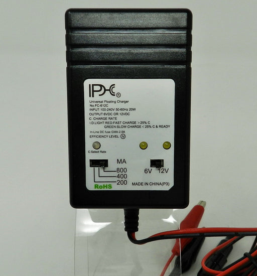 Floating-Smart Charger 6VDC or 12VDC @200/400/800mA; Alligator Clips; Part # FC-612C - AC-DC PowerShack