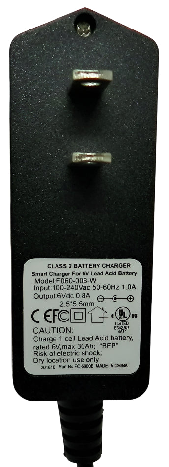 Floating-Smart Charger 6VDC @800mA; 2.5 x 5.5mm (+) center polarity; Part # FC-680B - AC-DC PowerShack