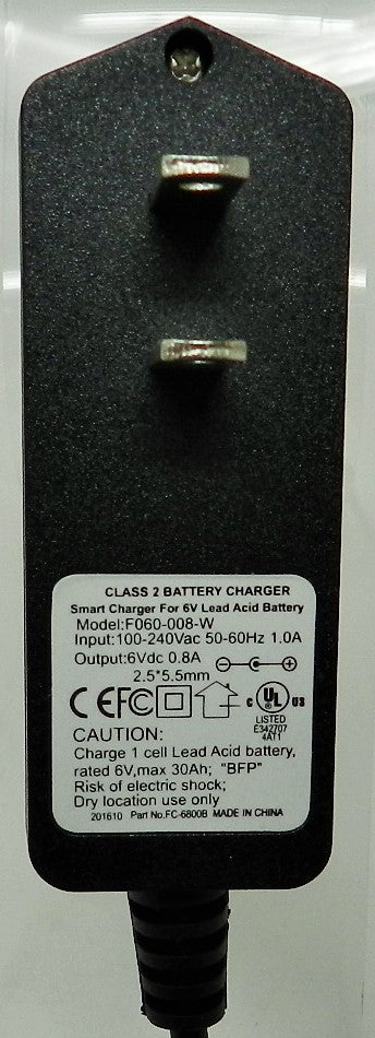 Floating-Smart Charger 6VDC @800mA; 2.5 x 5.5mm (+) center polarity; Part # FC-680B - AC-DC PowerShack