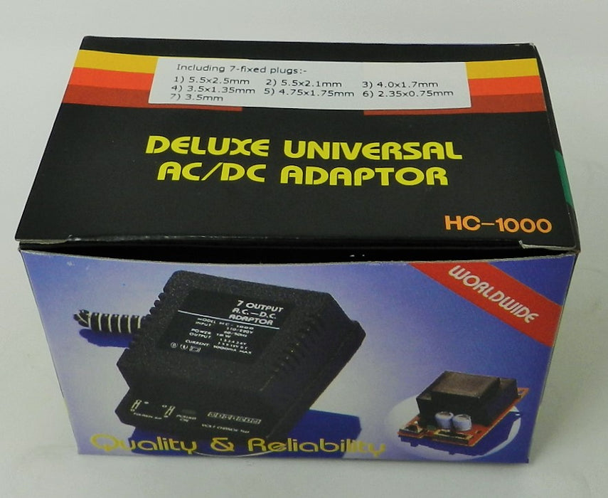 AC-DC Universal Power Adapter Multi Voltage Output: 1.5VDC-12VDC @ 1000 mA; 7-plugs; Part #  HC-1000 - AC-DC PowerShack