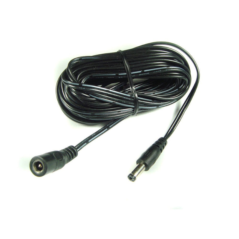 25ft black DC power extension cable with 2.1mm x 5.5mm connectors, 20 AWG, suitable for electronics and power devices.