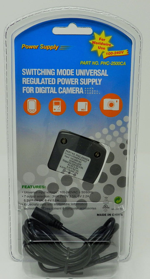 AC-DC Universal Digital Camera Adapter Multi Voltage Output: 3V 4.2V 5V 6V 6.5V 7V 8.4V @ 2500mA; Part # PHC-2500CA - AC-DC PowerShack