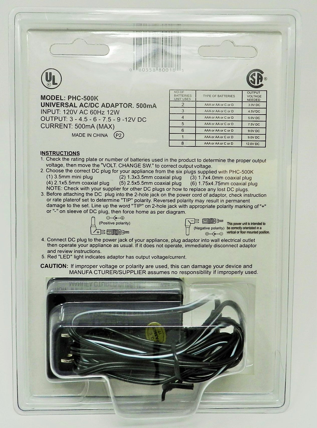 ACDC Universal Power Adapter Multi Voltage Output 3.0VDC12VDC 500