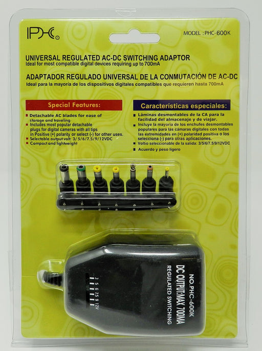 AC-DC Universal Power Adapter Multi Voltage Output: 3.0VDC-12VDC @ 700 mA; 7-plugs; Part #  PHC-600K - AC-DC PowerShack