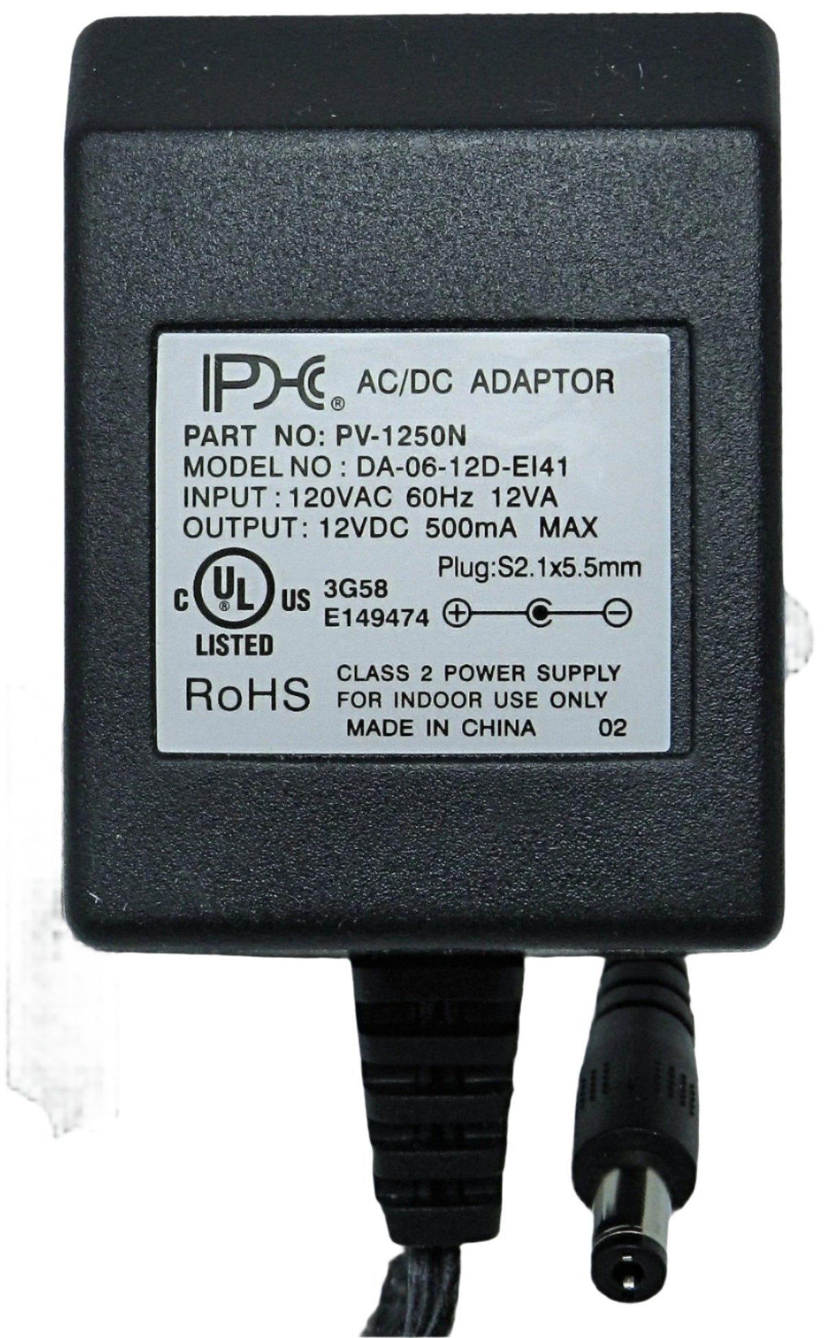 AC-DC Linear Power Supply 12V DC @ 500mA; 2.1 x 5.5mm NEGATIVE