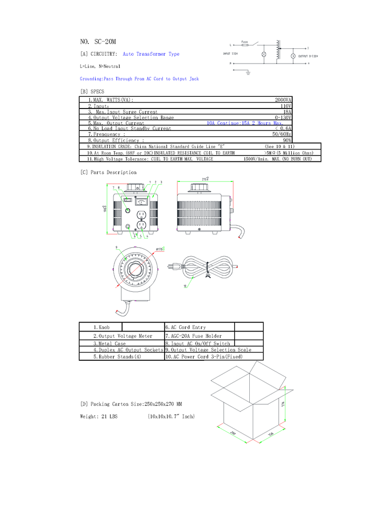 Variable Transformer 20 Amp (2000 Watts); 0~130VAC Output - AC-DC PowerShack