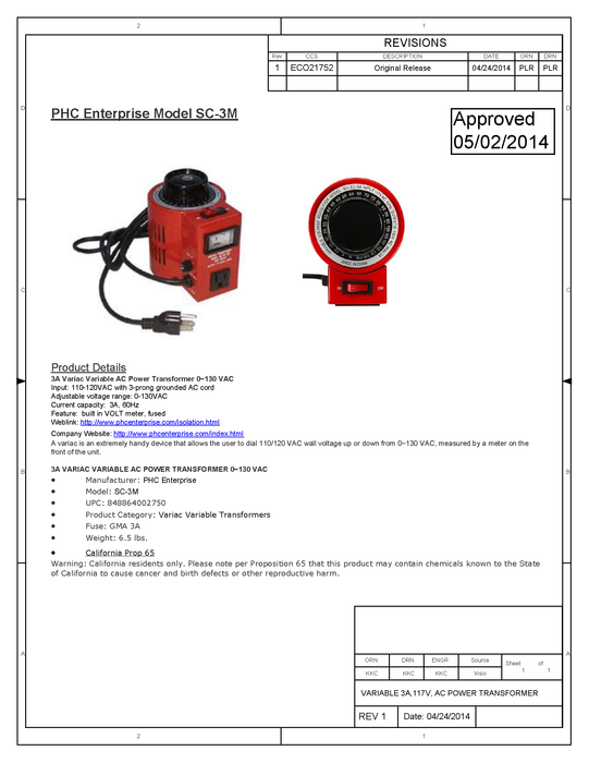 Variable Transformer 3 Amp (300 Watts); 0~130VAC Output - AC-DC PowerShack