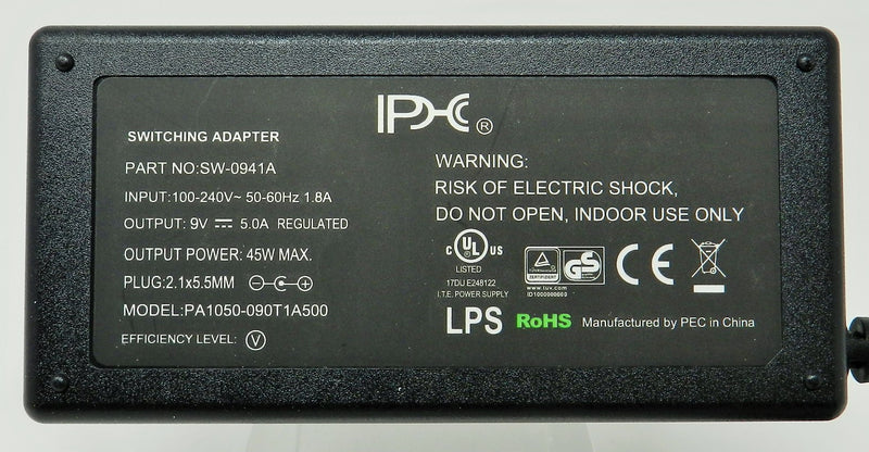AC-DC Switching Regulated Power Supply 9VDC @ 5000mA; 2.1 x 5.5mm (+) center polarity; Part # SW-0941A - AC-DC PowerShack
