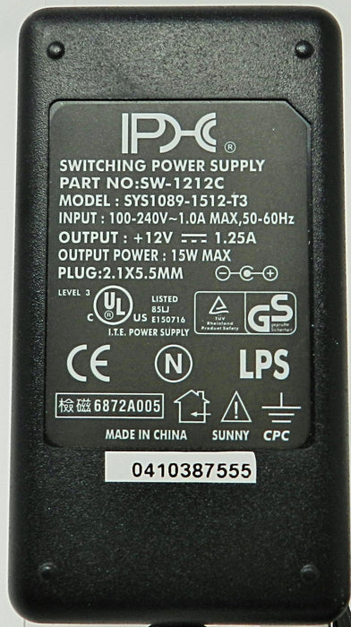 AC-DC Switching Regulated Power Supply 12VDC @ 1250mA; 2.1 x 5.5mm (+) center polarity; Part # SW-1212C - AC-DC PowerShack