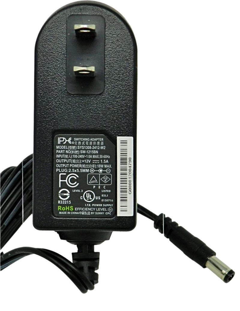 AC-DC Switching Regulated Power Supply 12VDC @ 1500mA; 2.5 x 5.5mm NEGATIVE center polarity; Part # SW-1215BN - AC-DC PowerShack