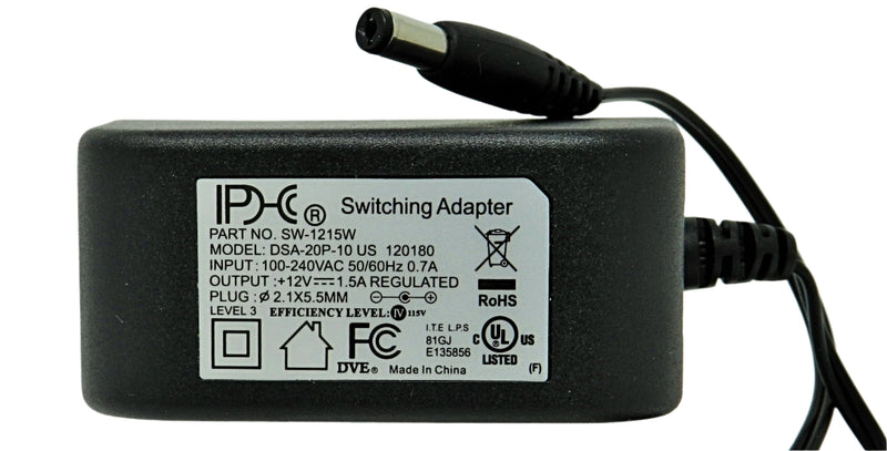 AC-DC Switching Regulated Power Supply 12VDC @ 1500mA; 2.1 x 5.5mm (+) center polarity; Part # SW-1215W - AC-DC PowerShack