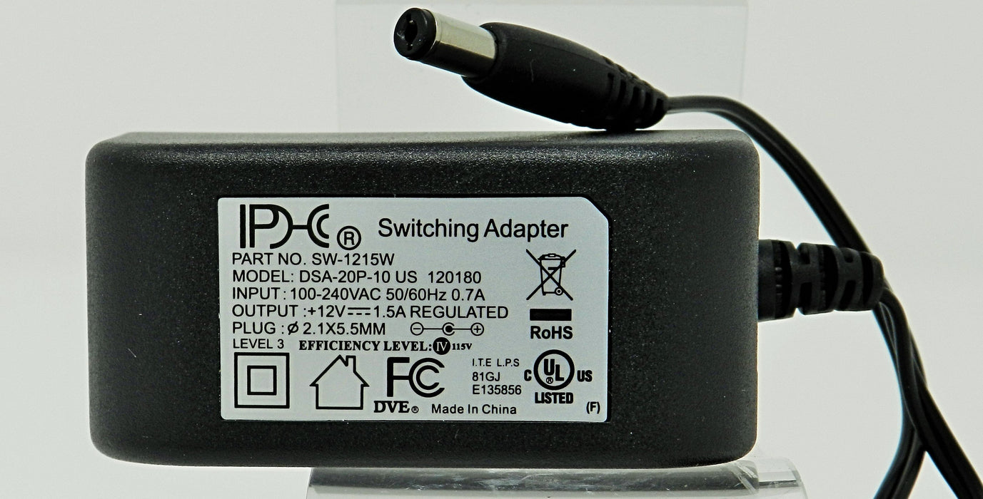 AC-DC Switching Regulated Power Supply 12VDC @ 1500mA; 2.1 x 5.5mm (+) center polarity; Part # SW-1215W - AC-DC PowerShack