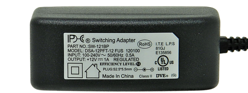 AC-DC Switching Regulated Power Supply 12VDC @ 1000mA; 2.5 x 5.5mm (+) center polarity; Part # SW-121BP - AC-DC PowerShack