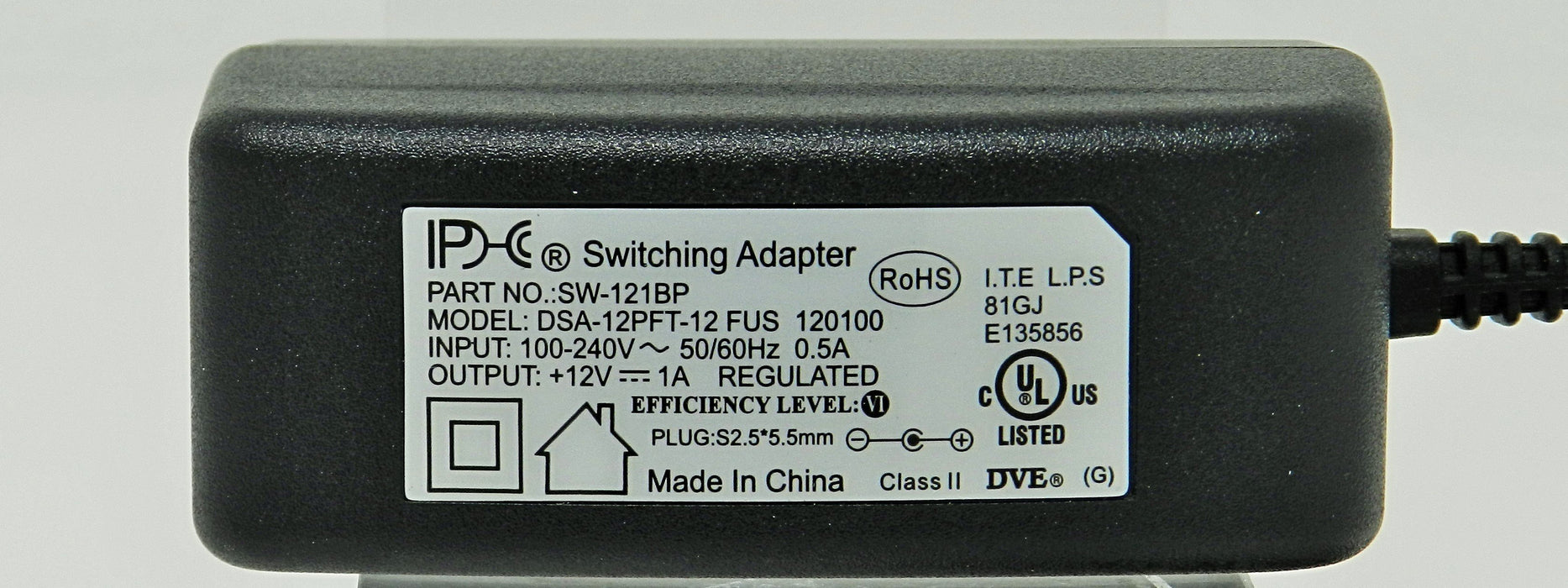 AC-DC Switching Regulated Power Supply 12VDC @ 1000mA; 2.5 x 5.5mm (+) center polarity; Part # SW-121BP - AC-DC PowerShack