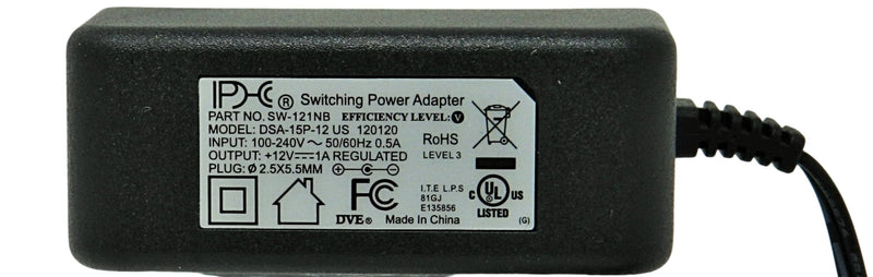 AC-DC Switching Regulated Power Supply 12VDC @ 1000mA; 2.5 x 5.5mm NEGATIVE center polarity; Part # SW-121NB - AC-DC PowerShack