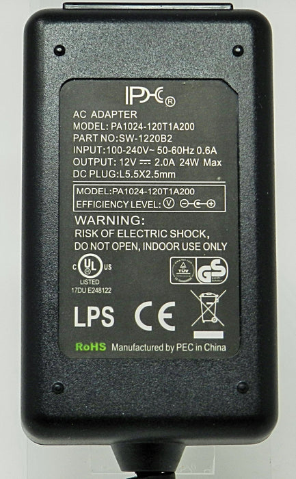 AC-DC Switching Regulated Power Supply 12VDC @ 2000mA; 2.5 x 5.5mm (+) center polarity; Part # SW-1220B2 - AC-DC PowerShack