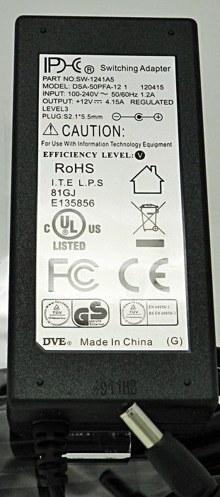 AC-DC Switching Regulated Power Supply 12VDC @ 4160mA; 2.1 x 5.5mm (+) center polarity; Part # SW-1241A5 - AC-DC PowerShack